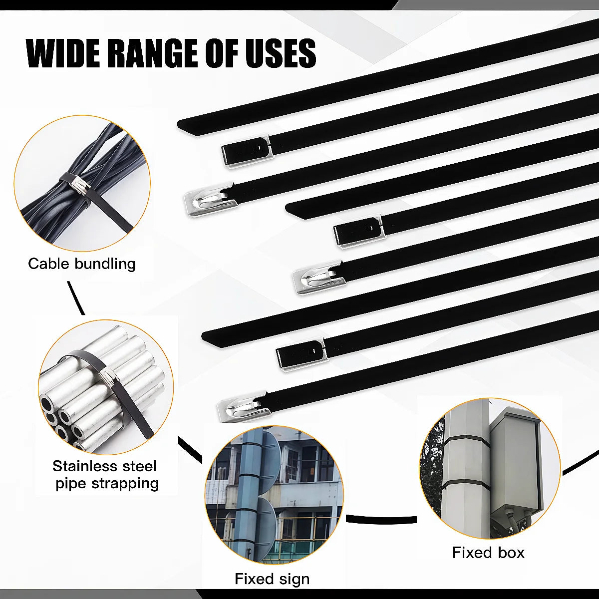 Various applications of heavy duty stainless steel self-locking cable ties including bundling, strapping, and fixing boxes.