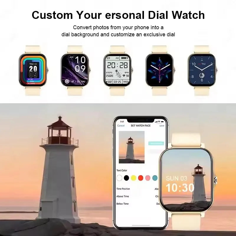 Eine maßgefertigte Armbanduhr wird neben einem Smartphone mit einer Uhrenzifferblatt-Anpassungs-Oberfläche gezeigt.