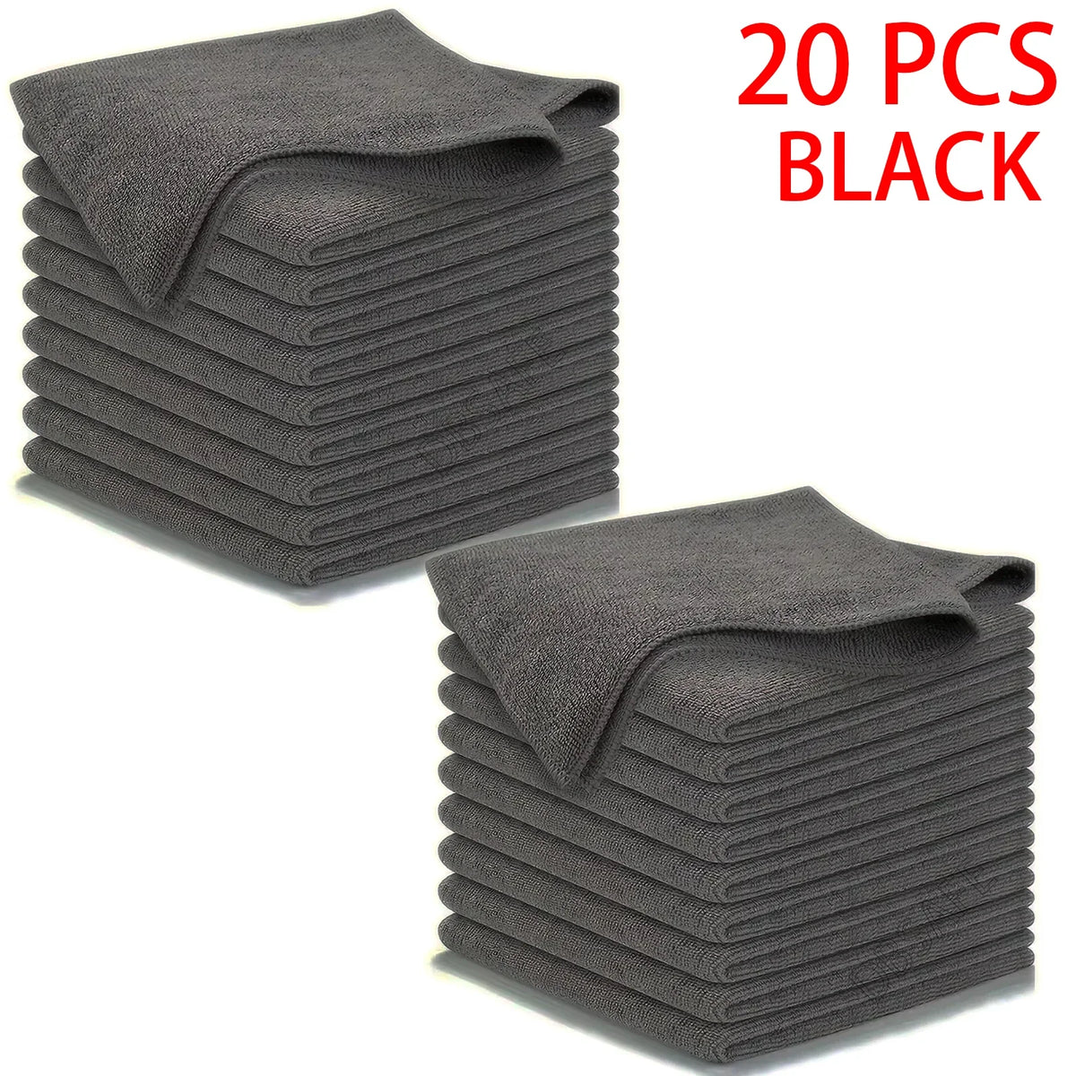 A stack of 20 black ultra-fine microfiber cleaning cloths.