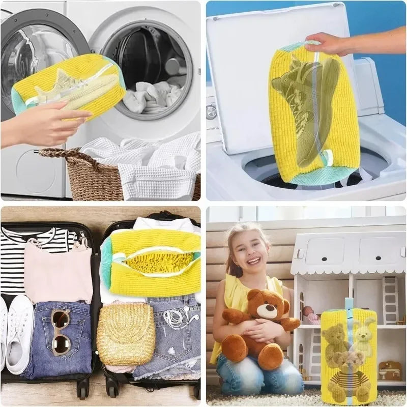 A yellow mesh laundry bag filled with shoes is placed inside a white washing machine drum.