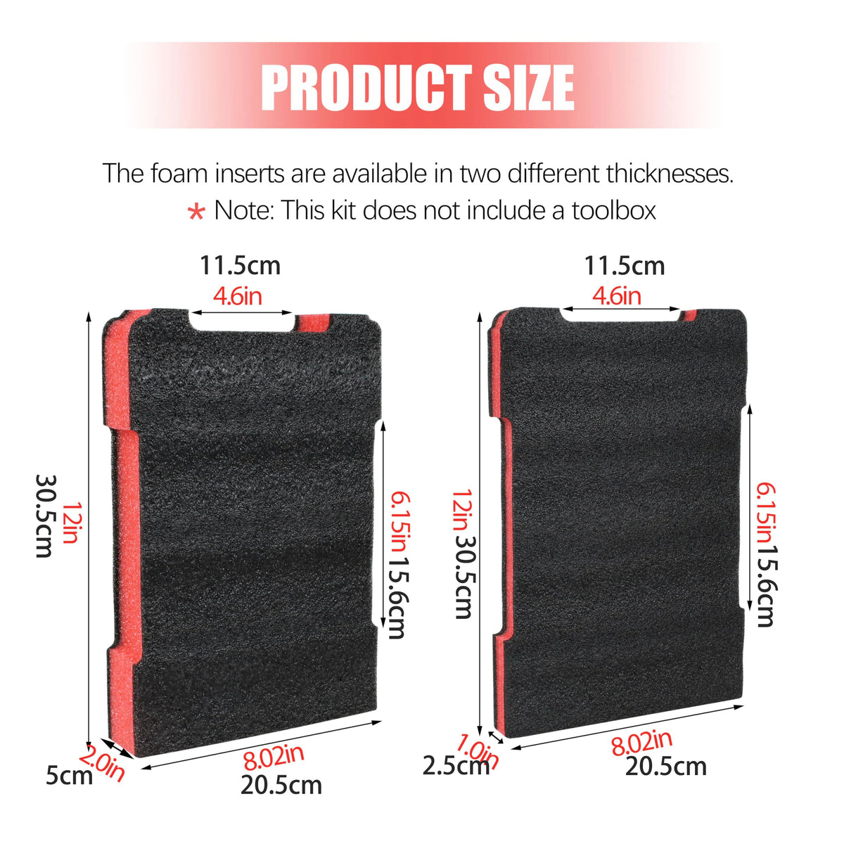 Diagram showing two thicknesses of foam inserts for a Milwaukee packout toolbox, with dimensions provided in centimeters and 