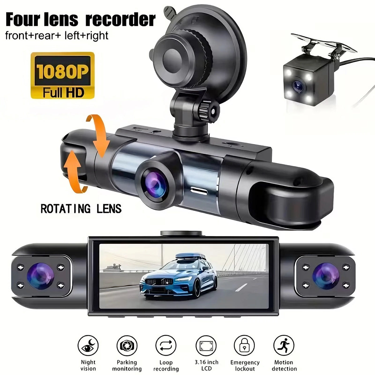 4-Channel 360° Dash Cam with Full Vehicle Coverage and Night Vision