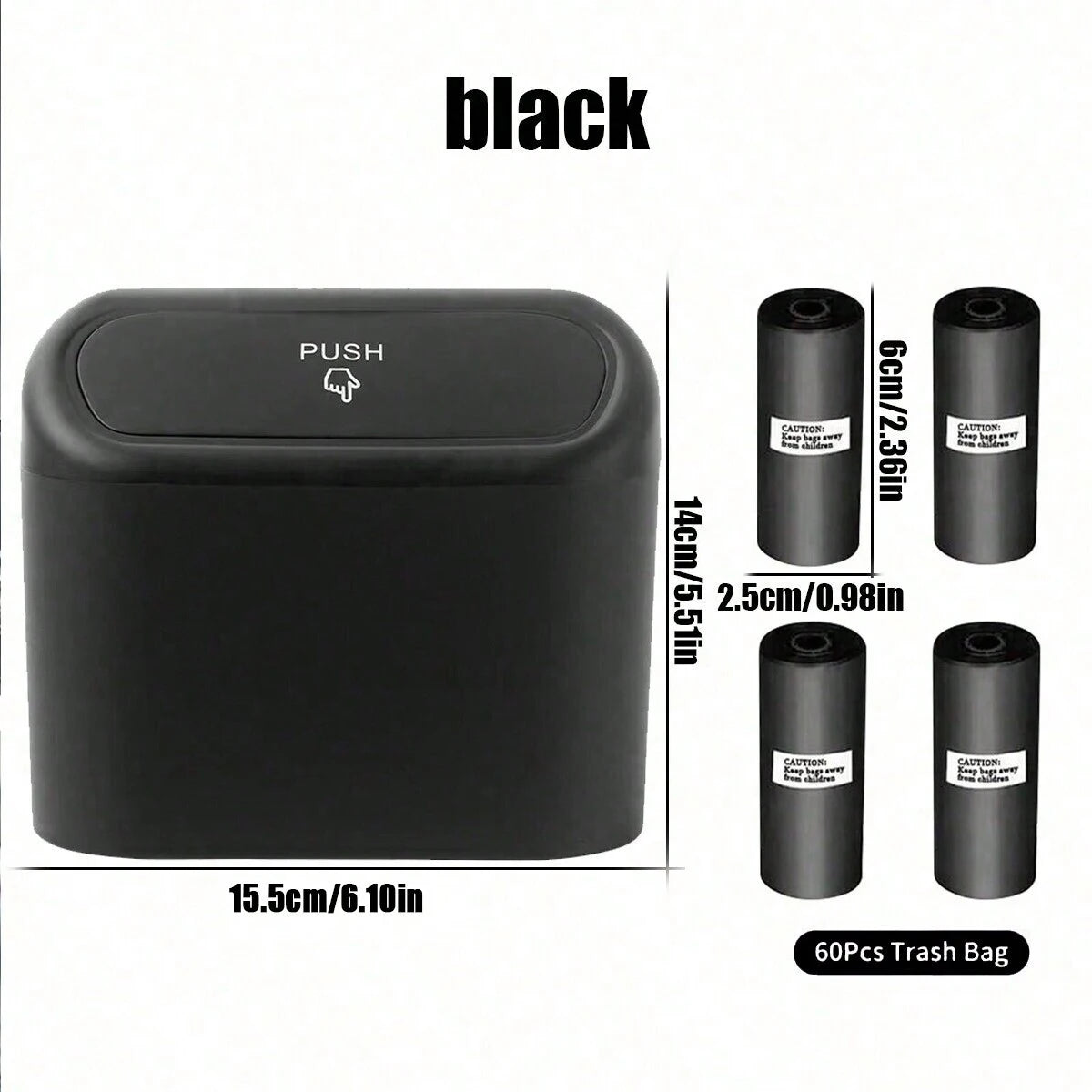 Sac poubelle compact noir avec couvercle, montré à côté de différentes tailles et d'une quantité de 60 pièces