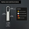 Stainless steel pill capsule with a round bottom and a hanging buckle, showing internal and external dimensions.