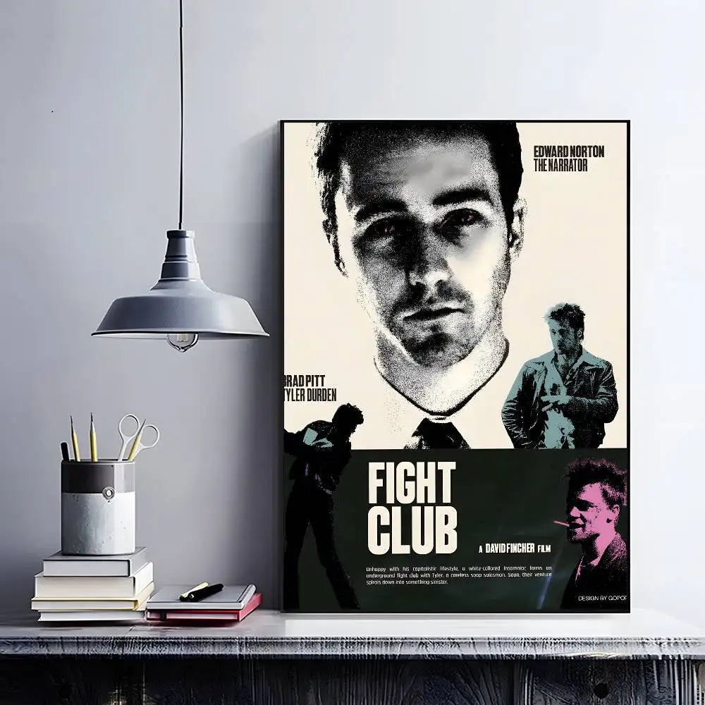 A black and white movie poster featuring Edward Norton as The Narrator from Fight Club.