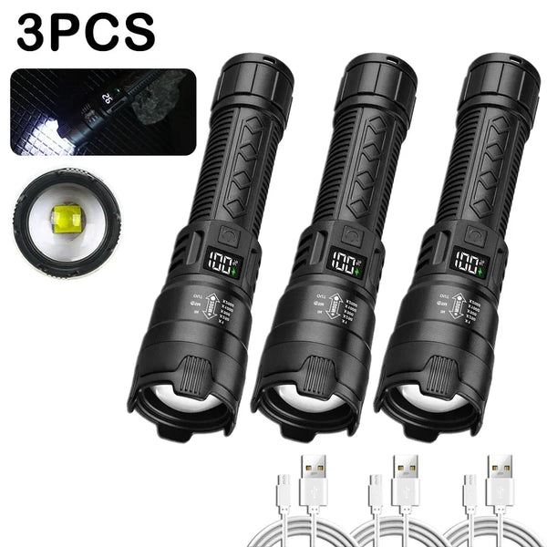 Three black rechargeable LED tactical flashlights with zoom lenses and charging cables