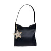 Black leather handbag with a gold chain and a rhinestone starfish charm