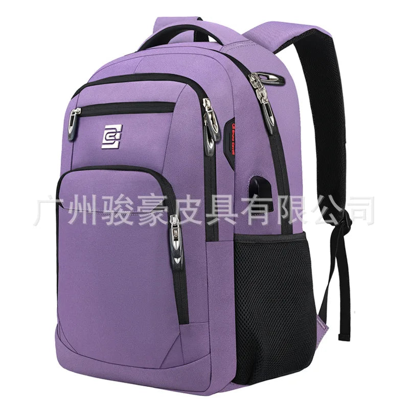 Sac à dos d'ordinateur portable pour affaires violet avec accents noirs et une poche en filet noir.