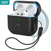 A black case for AirPods Pro 3 earbuds with a magnetic lock and charging cable shown on a white surface.