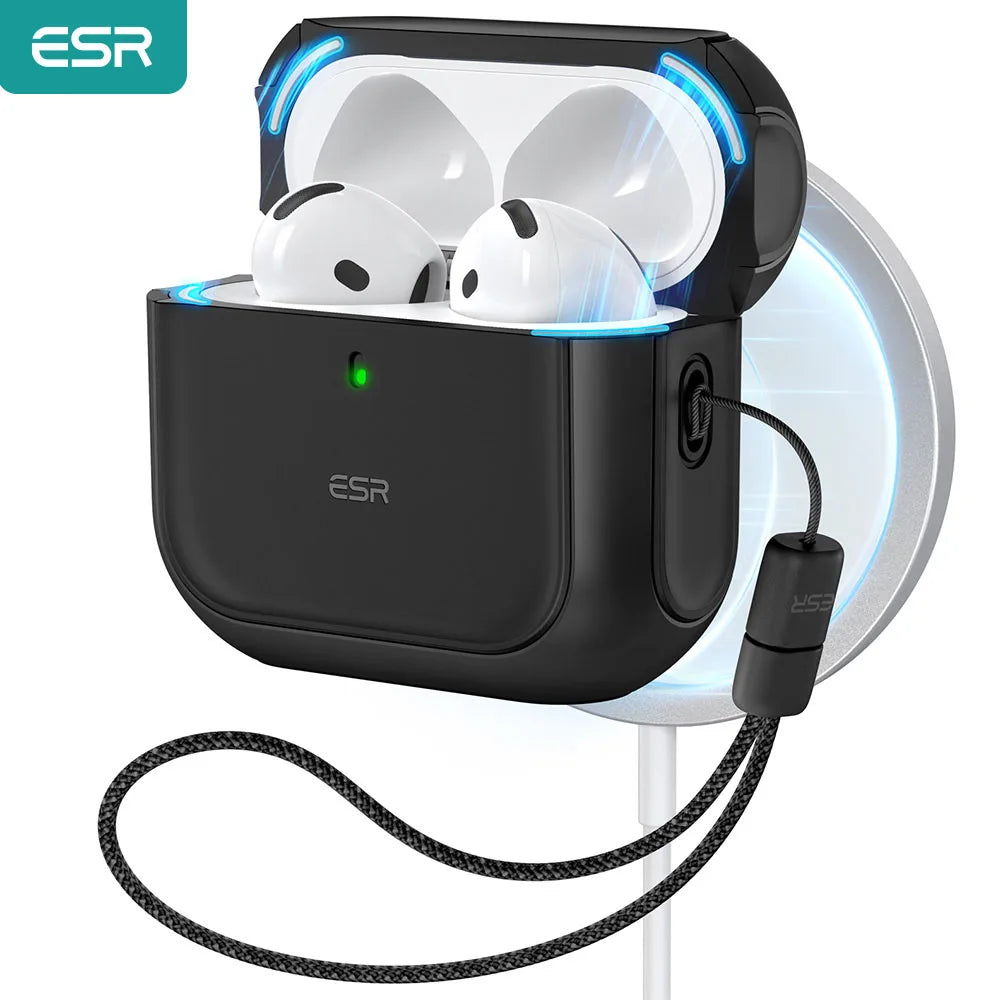 A black case for AirPods Pro 3 earbuds with a magnetic lock and charging cable shown on a white surface.