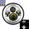 A close-up view of a 7-inch motorcycle LED headlight with angel eyes and DRL features.