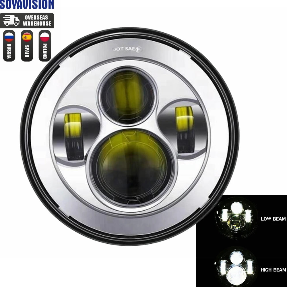 A close-up view of a 7-inch motorcycle LED headlight with angel eyes and DRL features.