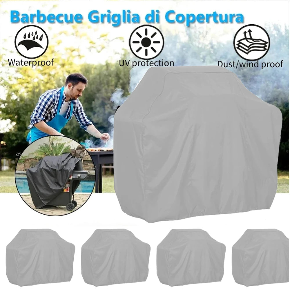 Gray heavy duty waterproof grill cover protecting a gas grill outdoors.