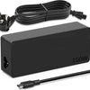 A black 100W USB-C fast charger with a cable is shown.