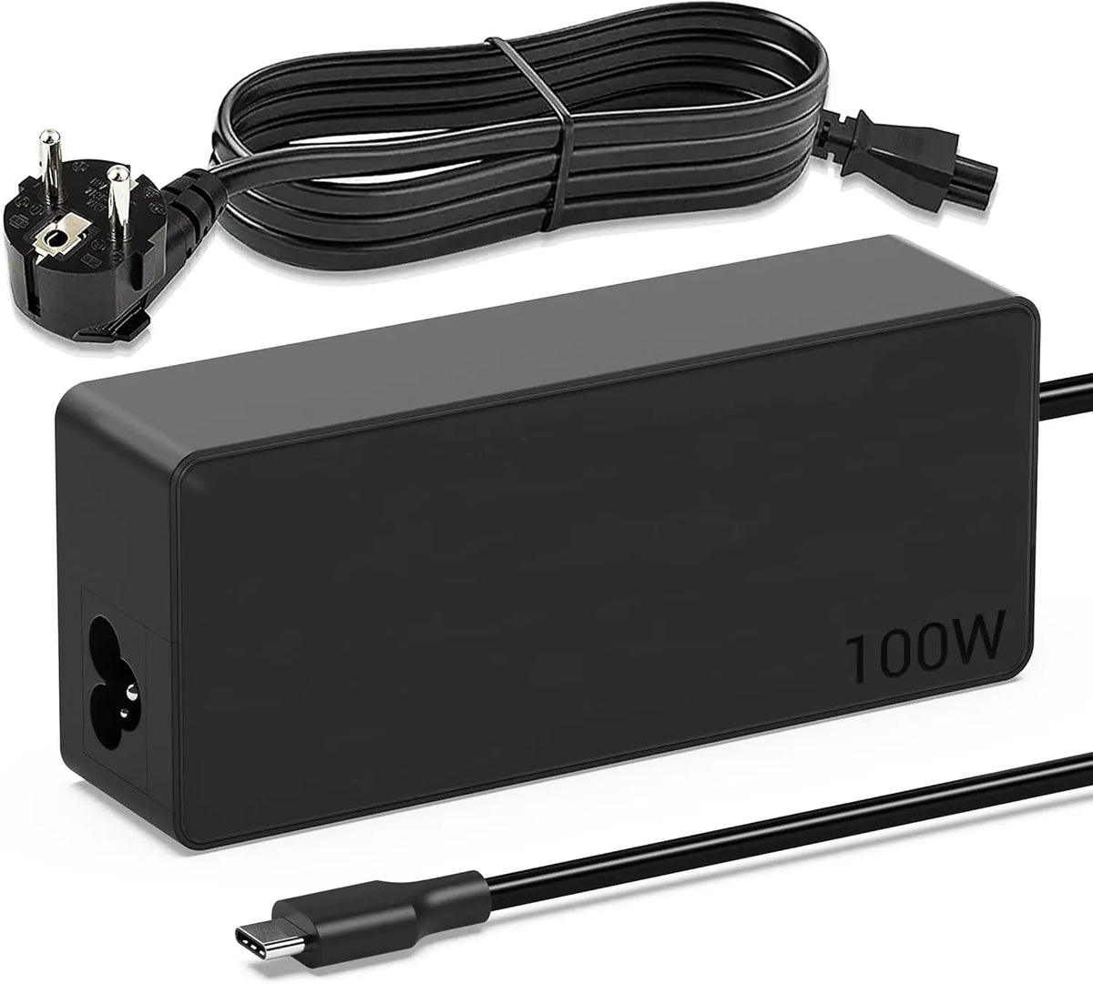 A black 100W USB-C fast charger with a cable is shown.