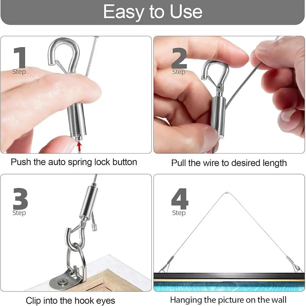 Four steps showing how to use an adjustable stainless steel wire rope for hanging pictures on a wall