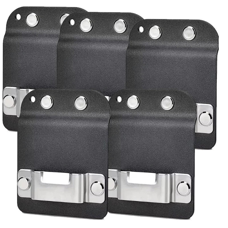 A set of black clip-on tool belt holsters designed for drills and power tools.