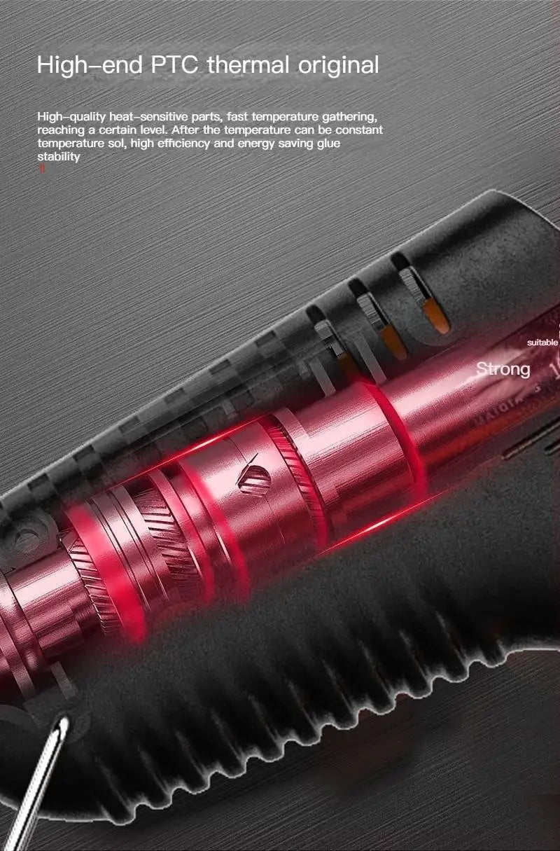 Close-up view of a red hot melt glue gun with glue sticks, highlighting its high-end PTC thermal design.