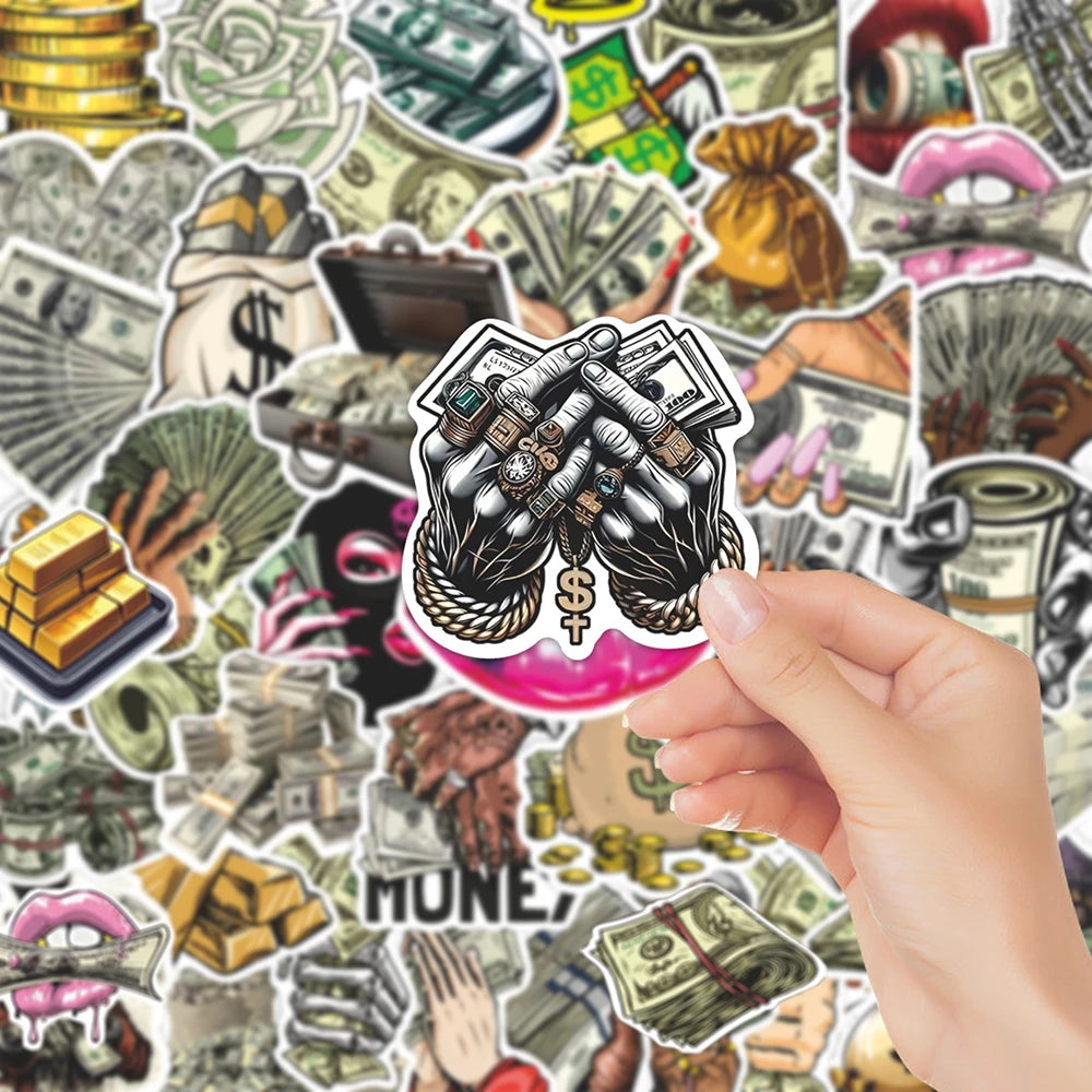 A hand holds a sticker pack featuring various funny money cartoon graffiti stickers on a background of currency and gold.