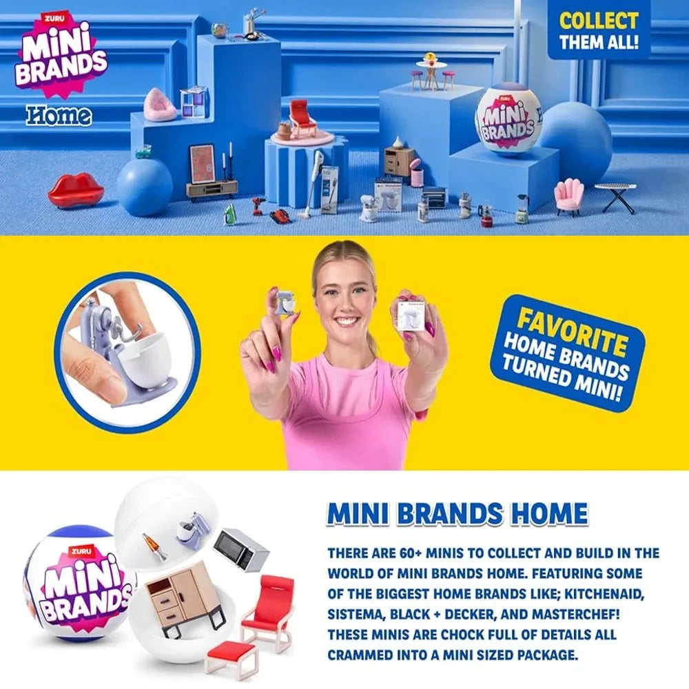Mini Brands mystery blind box featuring 5 surprise miniature furniture toys in a blue and pink setting.