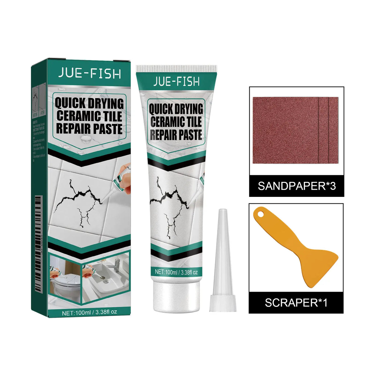 Box and tube of Jue-Fish quick drying ceramic tile repair paste with a sanding paper and scraper