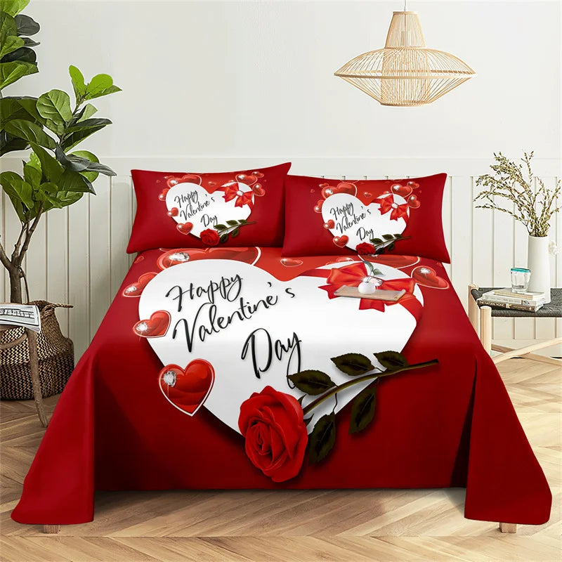 Red rose 3D digital print bedding set featuring a heart design and floral accents on a red fabric.