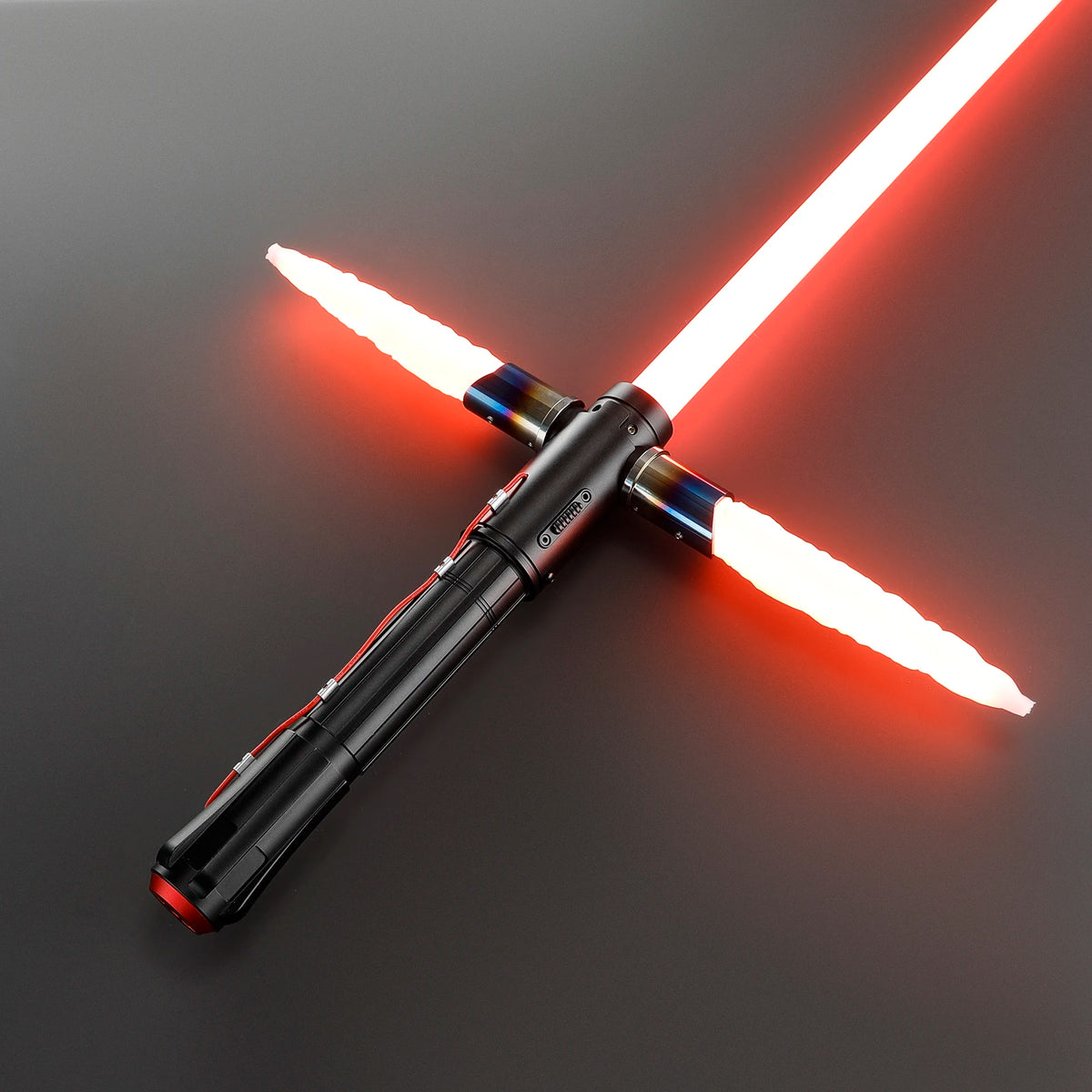 A red lightsaber with a metal hilt and motion control feature is shown diagonally against a dark gray background.