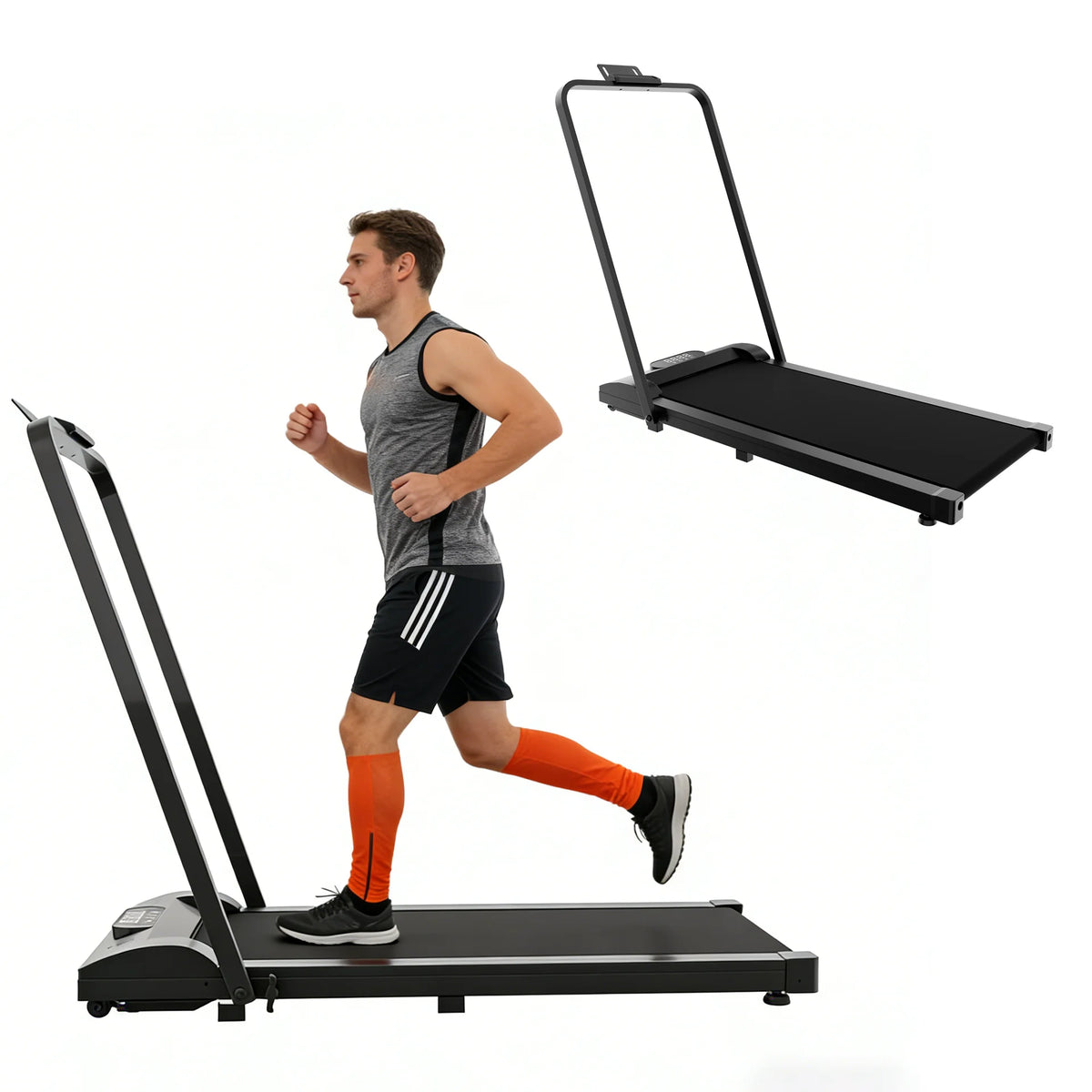 A person is using a foldable under-desk treadmill with a long handle and a motor.