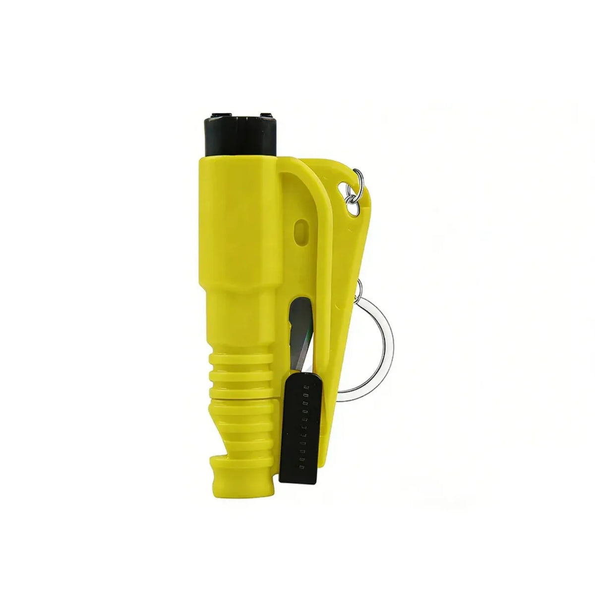 Yellow 3-in-1 car emergency escape tool with window breaker and seatbelt cutter.