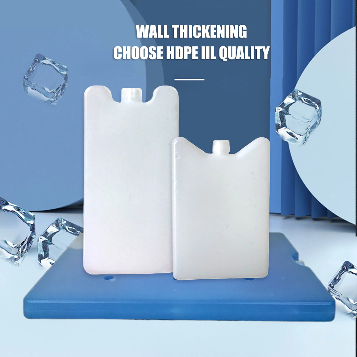 White reusable ice pack product shown on a blue surface with ice cubes in the background.
