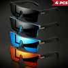Four pairs of classic square sports sunglasses in black, blue, and orange colors displayed against a dark background.