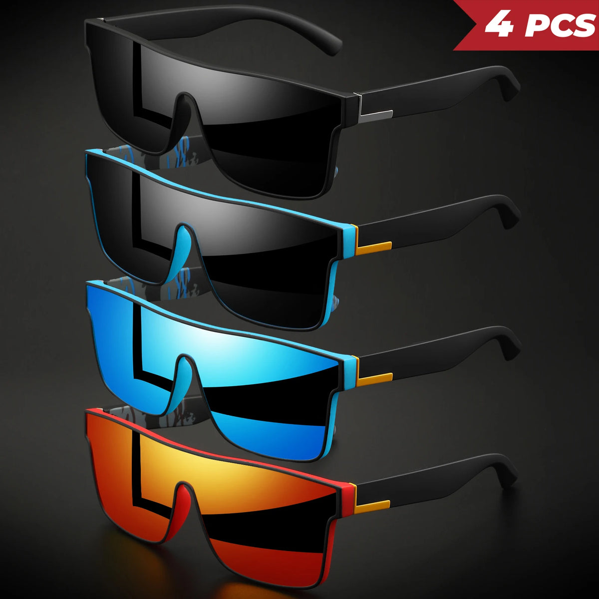Four pairs of classic square sports sunglasses in black, blue, and orange colors displayed against a dark background.