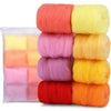 A pack of eight colored wool roving bundles for needle felting, including shades of orange, yellow, pink, and red.