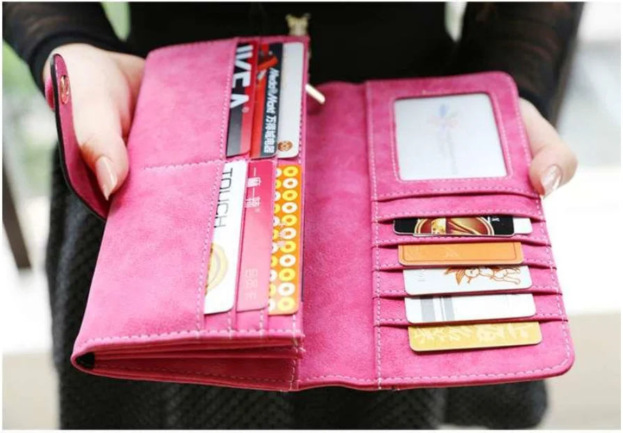 Women's RFID-Blocking Nubuck Leather Long Wallet with Multiple Card Slots