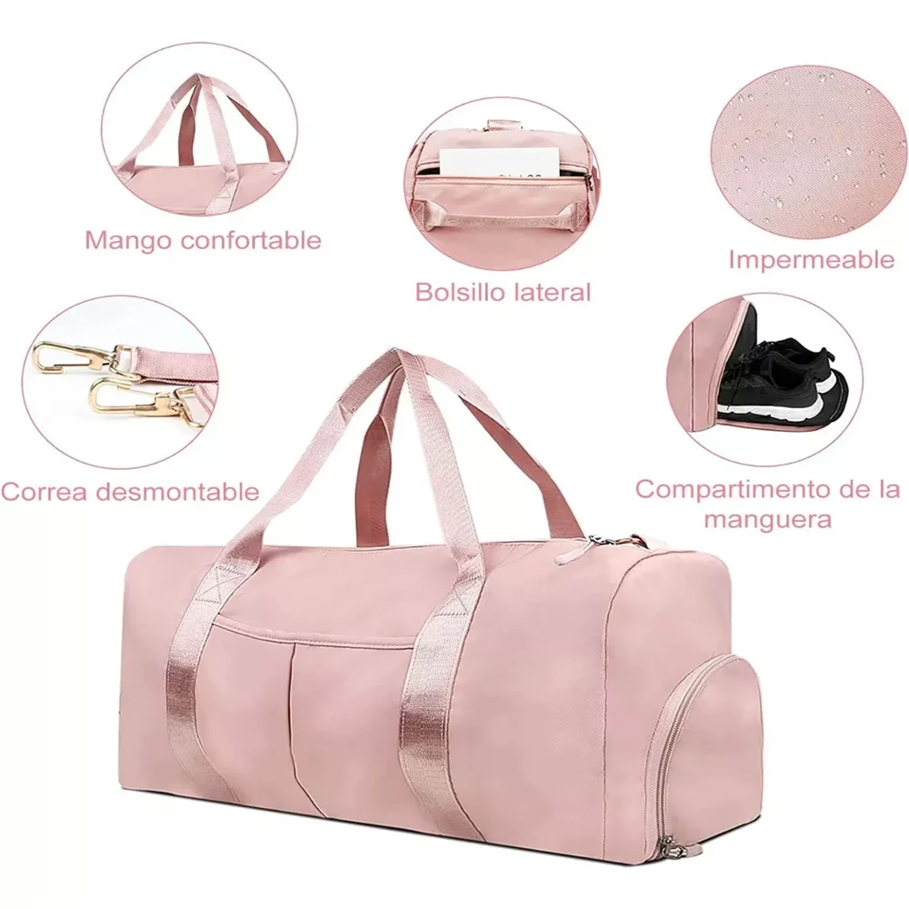 Pink nylon gym and travel duffel bag with features like a mango handle, waterproof material, detachable strap, and shoe compa