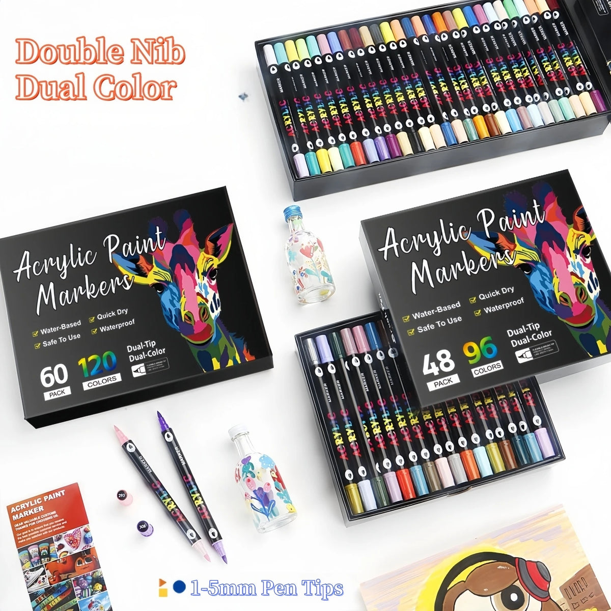 Eine Sammlung von Acrylmarkern mit Doppelspitze in verschiedenen Farben und Sets auf weißem Hintergrund.
