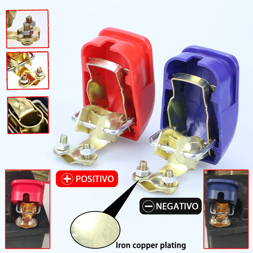 A pair of red and blue iron copper plating car battery terminal connectors shown with positive and negative polarity indicato