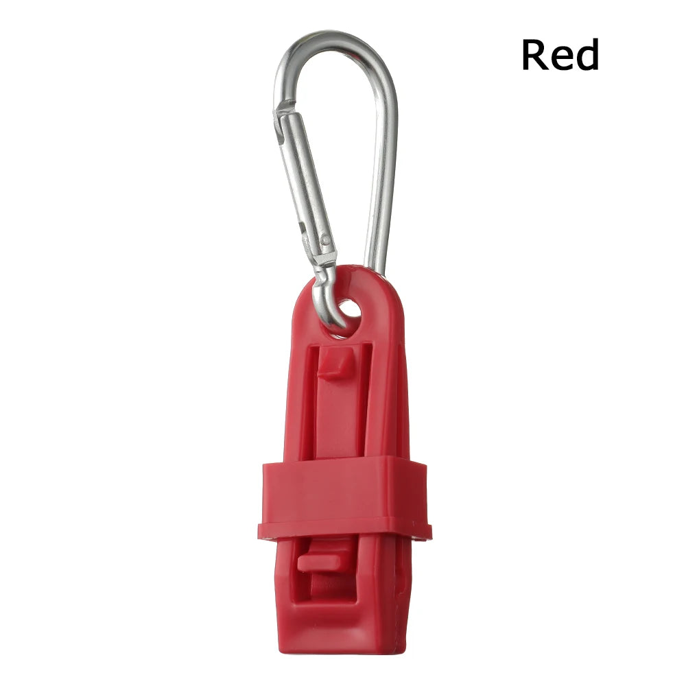 A red durable glove clip with an ergonomic grip and a metal hook.