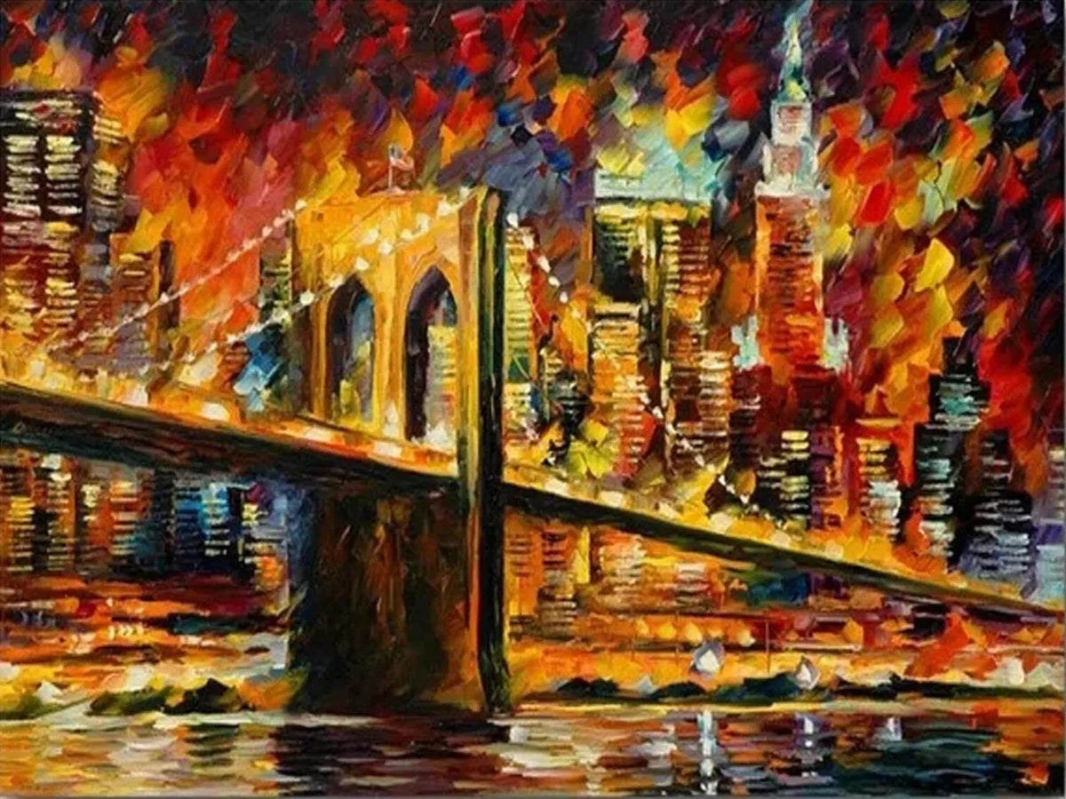 An oil painting depicting a city skyline reflected in water with vibrant, expressive colors.