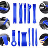 A set of 38 auto trim removal tools in blue plastic with a storage bag shown in various angles.