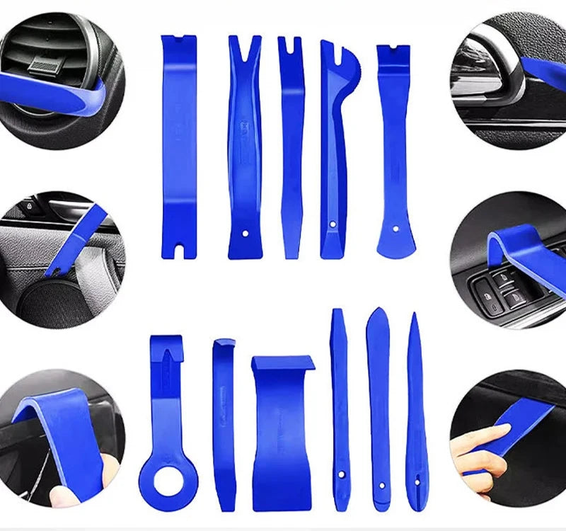 A set of 38 auto trim removal tools in blue plastic with a storage bag shown in various angles.