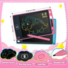 A pink and blue LCD writing tablet for kids showing a dinosaur drawing on the screen with accessories.