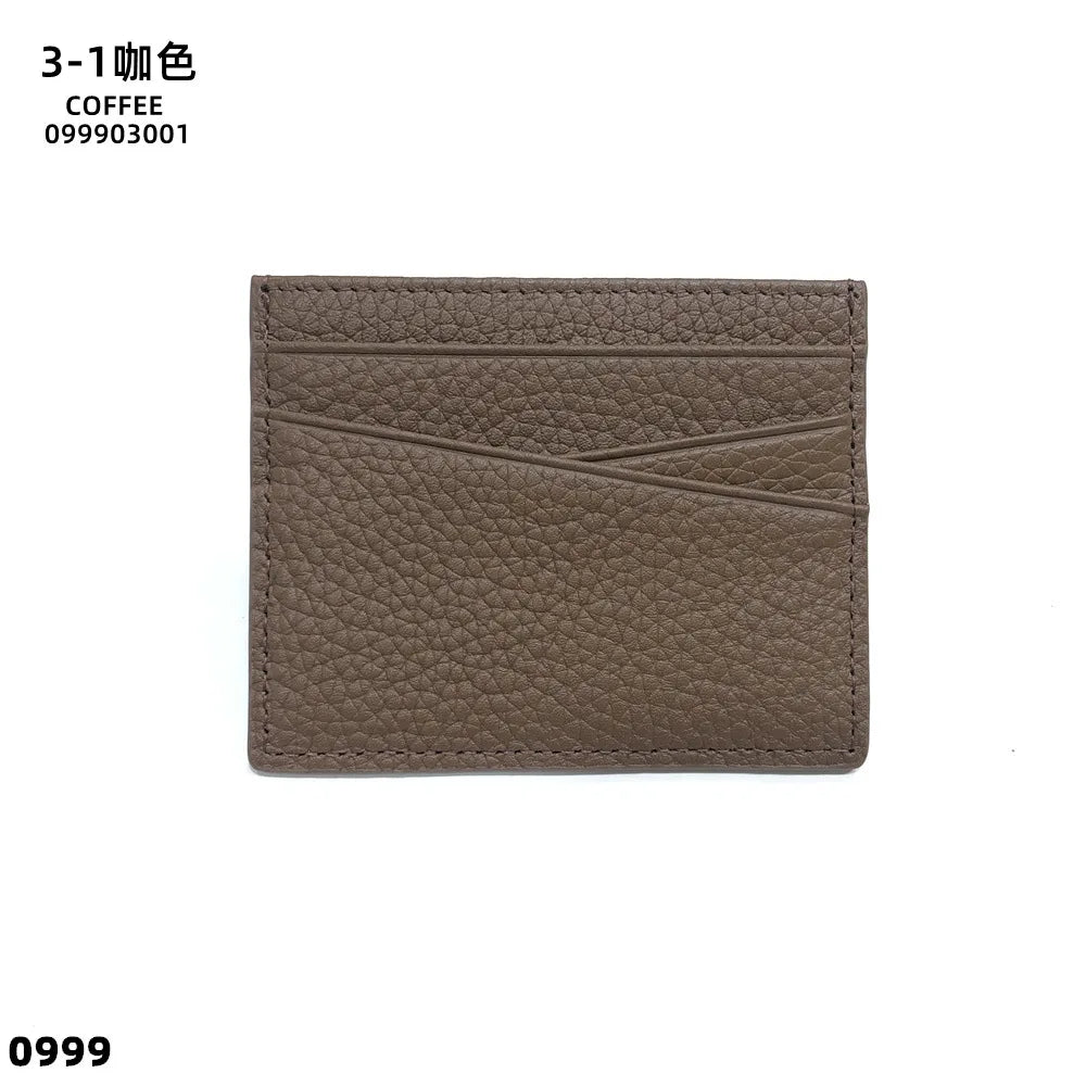 A brown genuine leather slim card holder wallet with stitched texture.