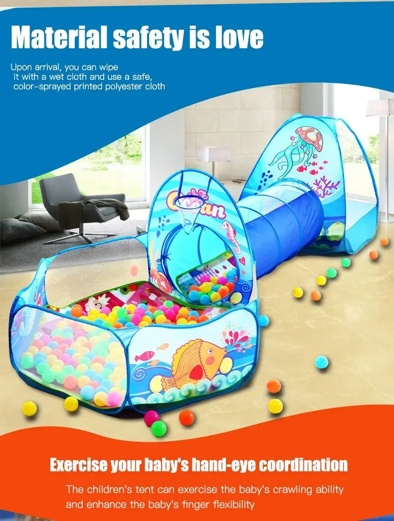 A blue and pink foldable kids play tent with a tunnel and ball pit on a floor.