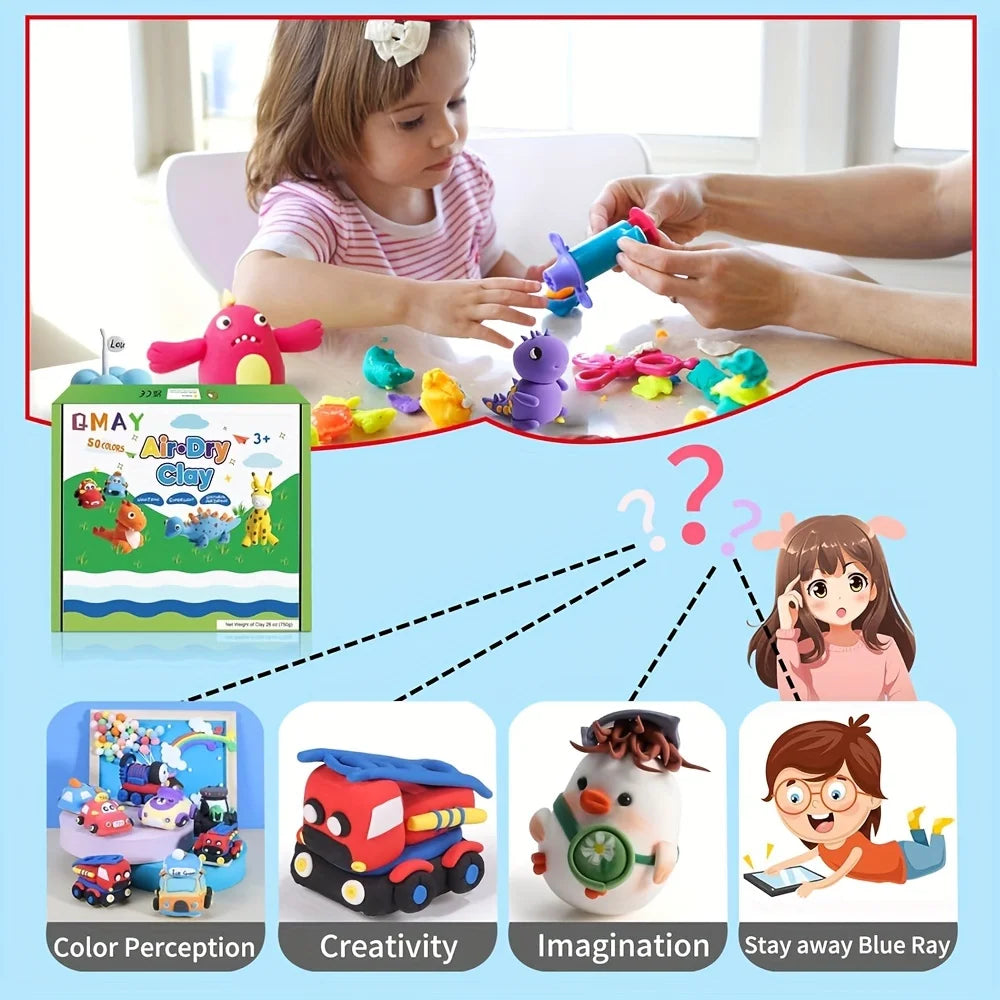Air Dry Clay Modeling Set with Tools featuring various colored clay figures and tools for creative play