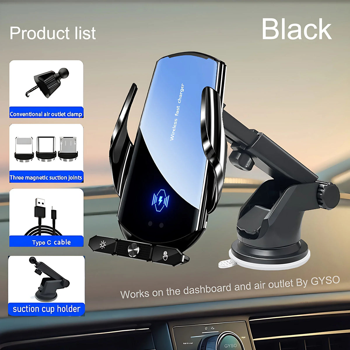150W Magnetic Wireless Car Charger Mount with Auto-Clamping Cradle