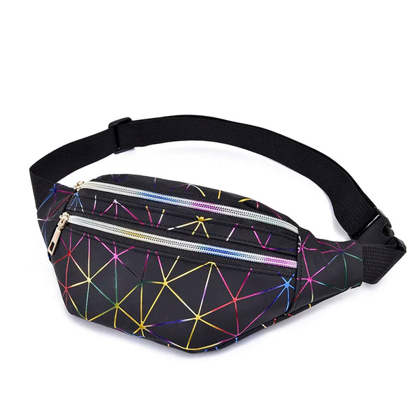 A black PU crossbody waist pack bag with a geometric neon line pattern and a black strap.