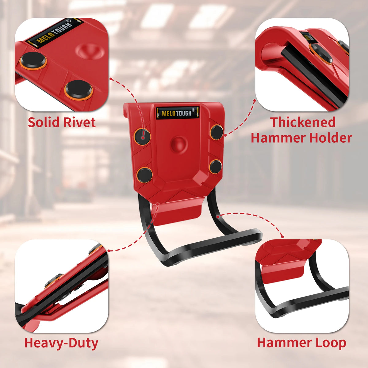 Red heavy-duty hammer holder featuring a solid rivet, thickened hammer holder, and a hammer loop.