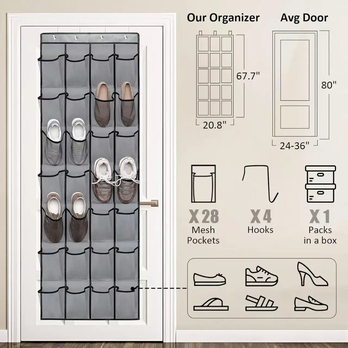 Over-the-Door Hanging Shoe Organizer with Mesh Pockets