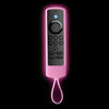 A pink glow-in-the-dark silicone remote cover for a Fire TV Stick is shown against a black background.